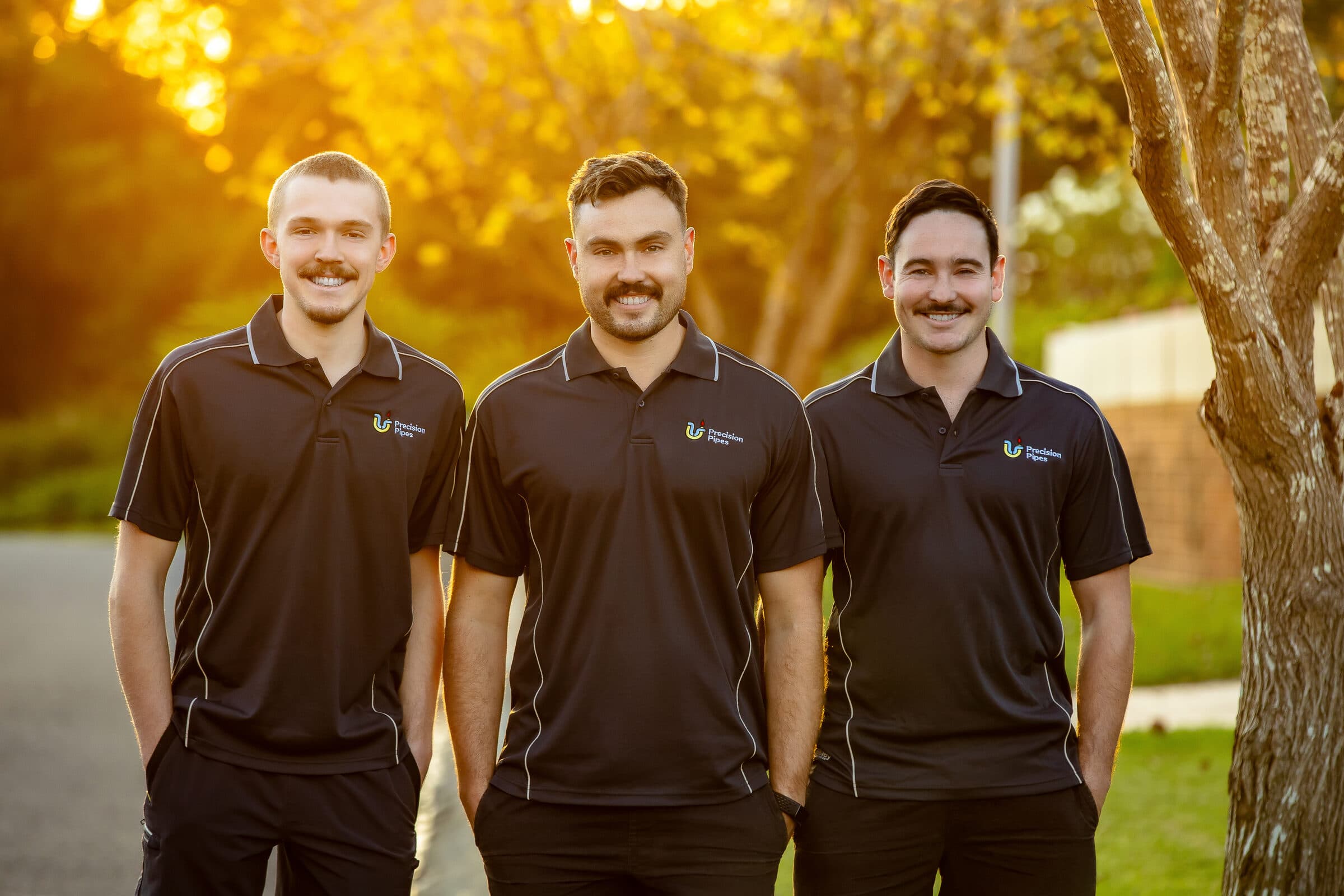 The Precision Pipes team walking up a driveway in branded uniforms with tools in hand